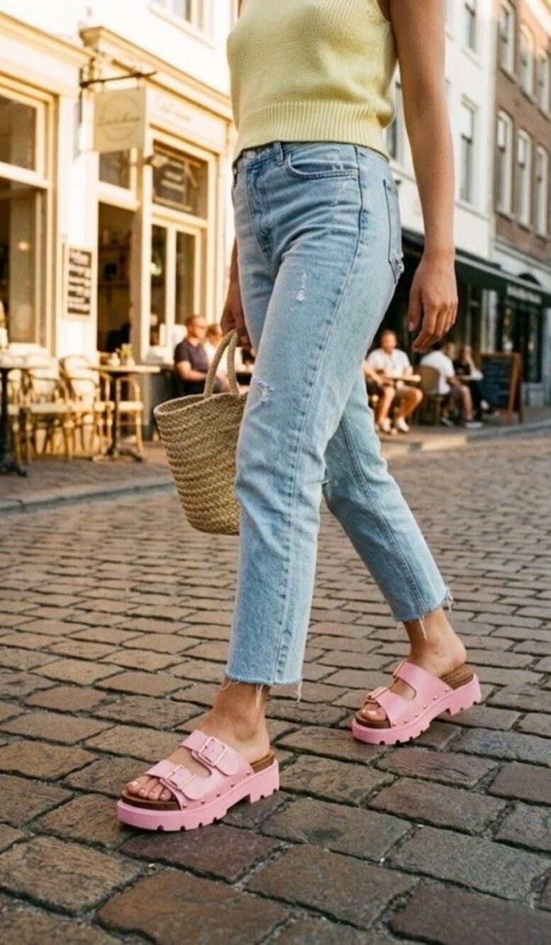 Liliana Pink Chunky Platform Sandals US 6 Faux Wood Sole Double Strap Studded
